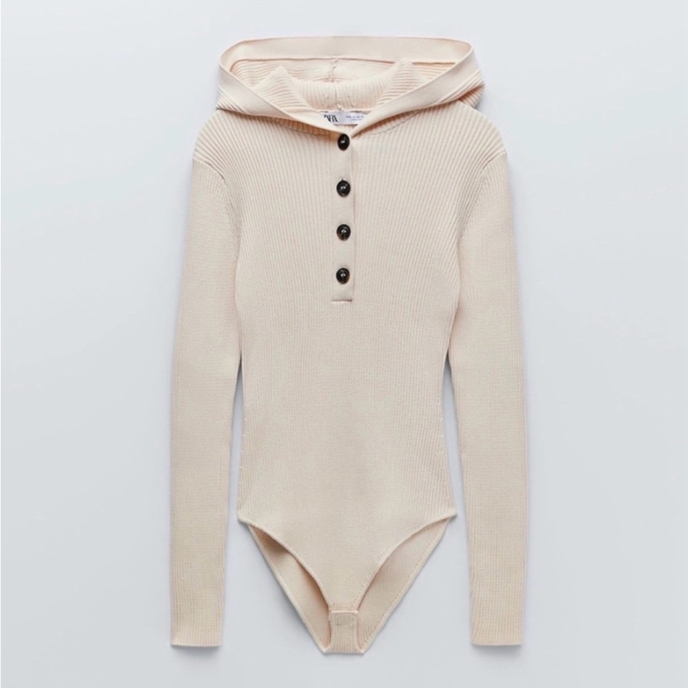 ZARA NWT Cream Hooded Bodysuit Sweater One Piece with Front Buttons Super Cozy